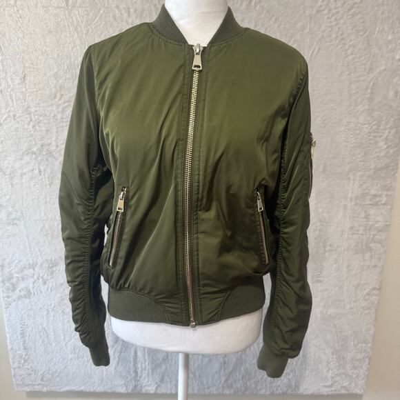 Topshop Women's Long Sleeve‎ Full Zip Bomber Jacket 2 Green Pockets Lined - Picture 1 of 13
